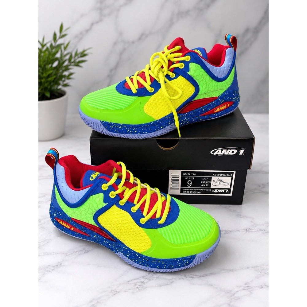 AND1 Delta TPR Basketball Shoes Men's Size 9 Green Gecko Blue Red Neon NIB